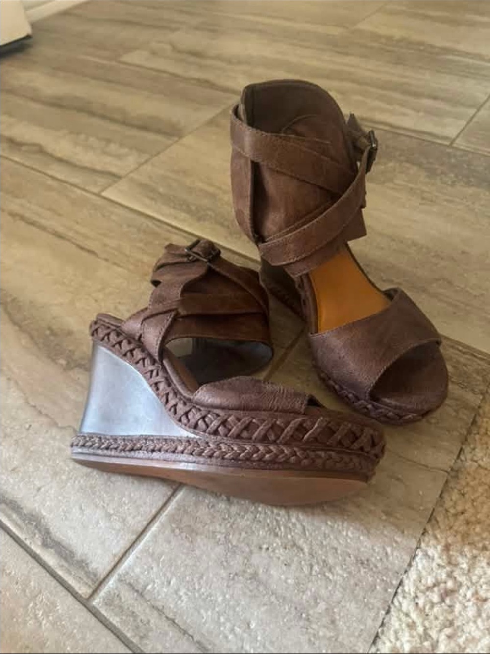 Women's Brown Wedge Sandals with Ankle Strap